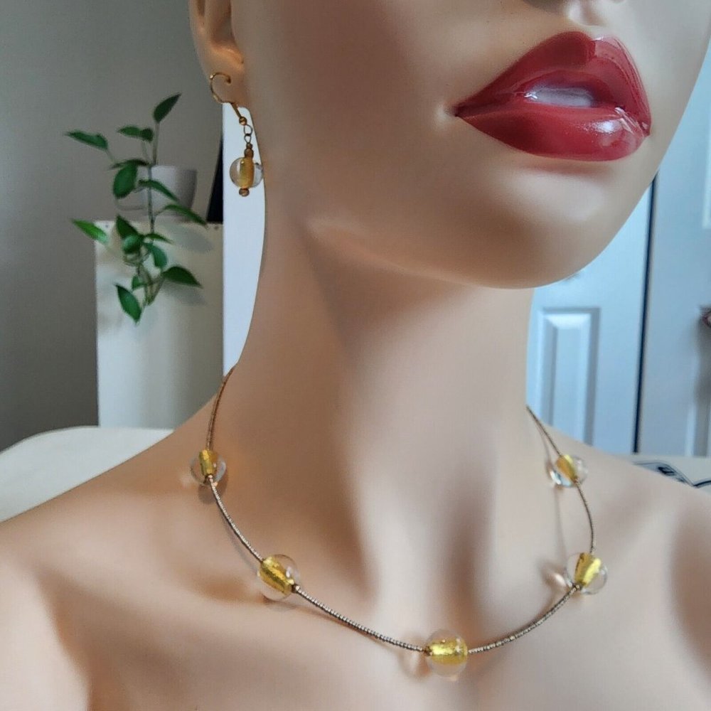 Vintage Art Glass Necklace and Earrings Set Gold Foil Glass Beads